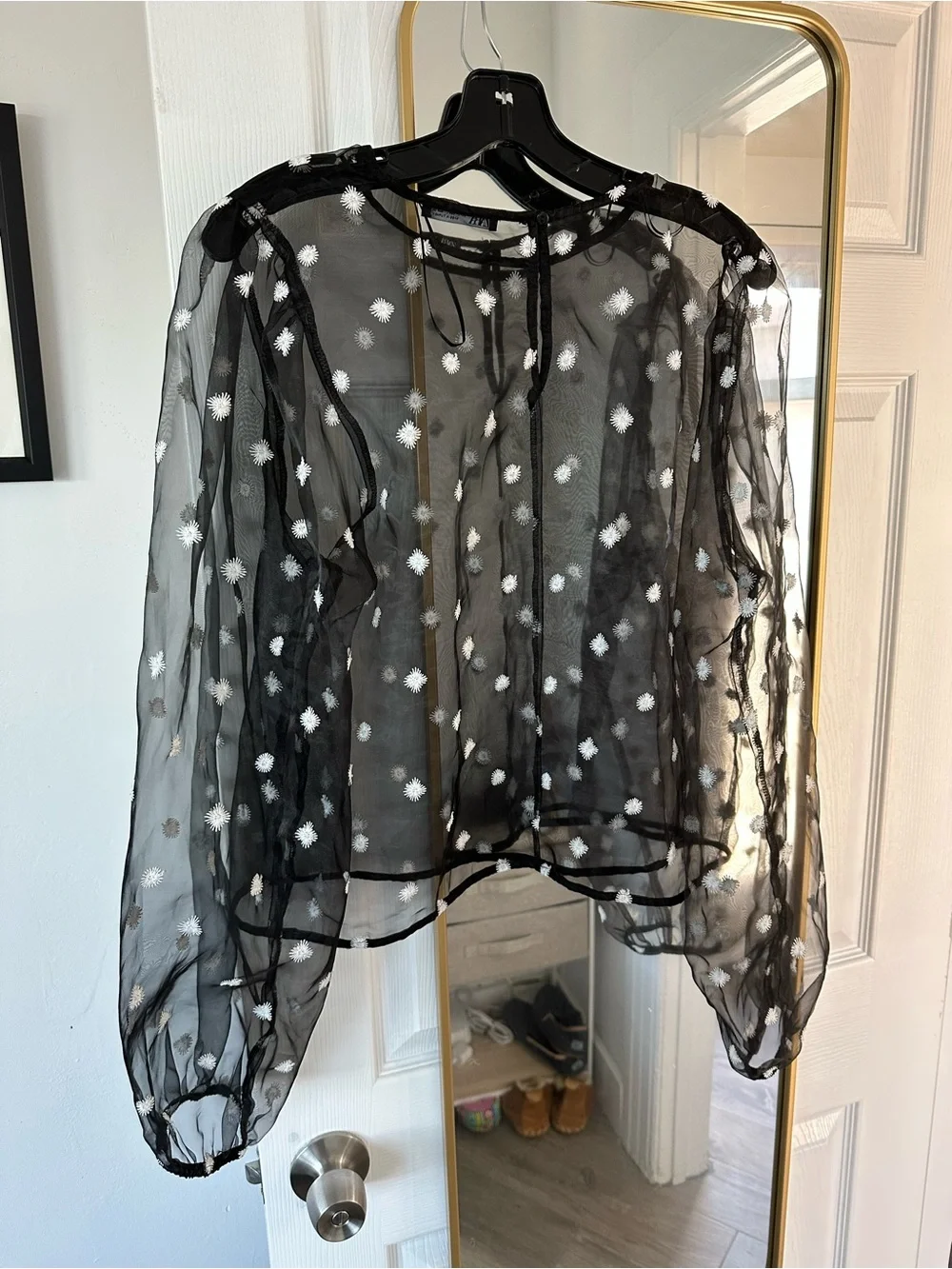 Zara Black Sheer Polka Dot Blouse with White Dots